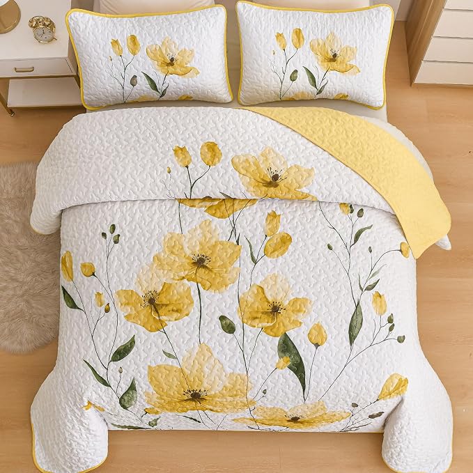 Mybedsoul Full/Queen Quilt Set Yellow, Reversible Polyester Coverlet Set - Image 3