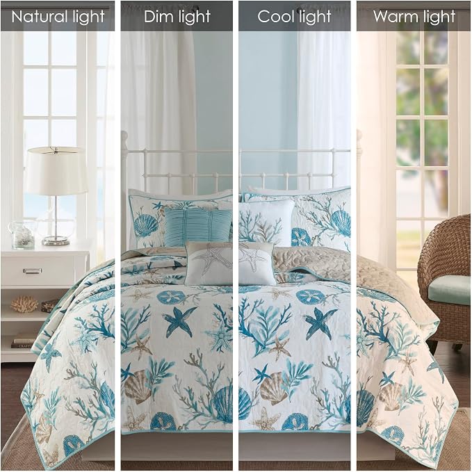 Madison Park Cotton Coastal Starfish Aqua Queen Quilt Set, Down Alternative - Image 2