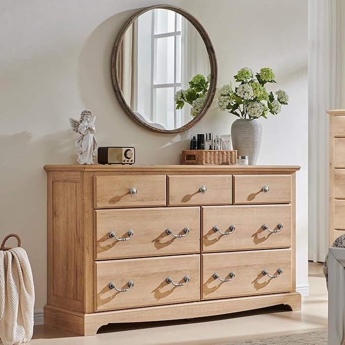 T4TREAM 7 Drawers Dresser Chests for Bedroom, Wood Vintage Chests of Drawers, Rustic Dressers Chset Organizer for Bedroom, Living Room, Hallway, Natural Oak