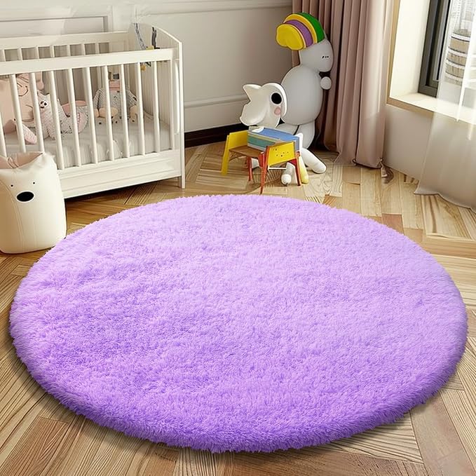 Purple Round Shag Area Rug for Bedroom, Washable Fuzzy Carpet for Room Boys - Image 7