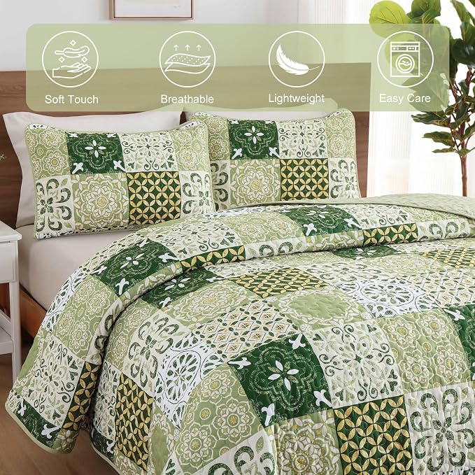 Dobuyly Green Quilt Set Queen Size, Boho Sage Green Plaid Patchwork Bedspreads - Image 4