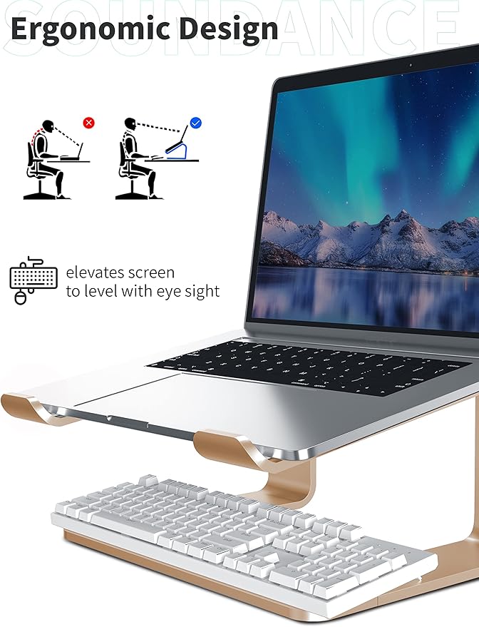 SOUNDANCE Laptop Stand, Aluminum Computer Riser, Ergonomic Laptops Elevator for Desk, Metal Holder Compatible with 10 to 15.6 Inches Notebook Computer, Champagne Gold