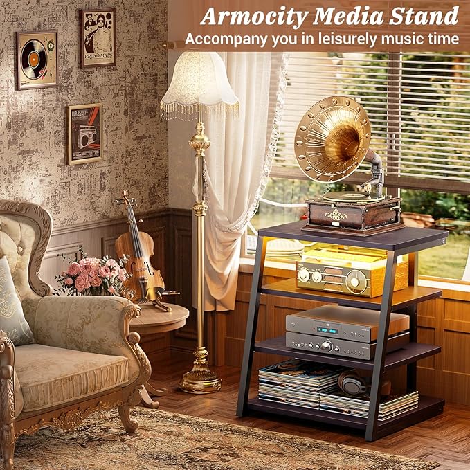 Armocity 4-Tier AV Media Stand with Power Strips, Stereo Stand with LED Lights, Rack Audio Tower with Adjustable Shelves, Small Entertainment Center, 30'', Black Ebony