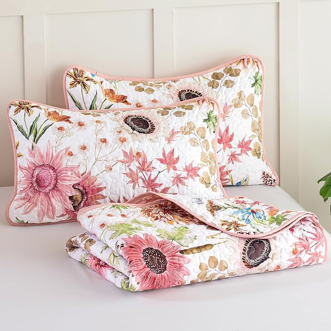 Yiran Pink Floral Quilts Queen Size, Sunflower Botanical Bedding Set | 3 Pieces - Image 8