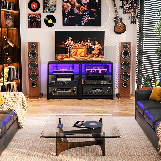 Besiost AV Media Stand with Outlets, Media Console with LED Lights, Stereo Racks and Stands with Storage Shelves, Media Audio Tower Cabinet, Black Enoby