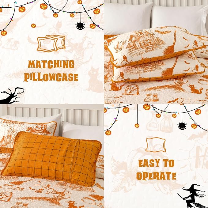 WONGS BEDDING Queen Pumpkin Castle Quilt Set, Halloween Bedspread Bedding | - Image 5