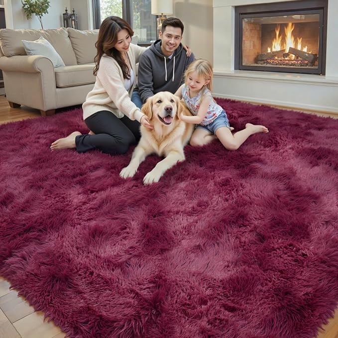 6x9 Shag Area Rug for Living Room, Burgundy Soft Plush Fluffy Carpet | Non-Slip - Image 3