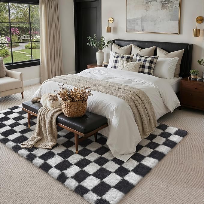 Checkered Rug 9x12 for Living Room Black and White Soft Shag Rugs | Machine - Image 4