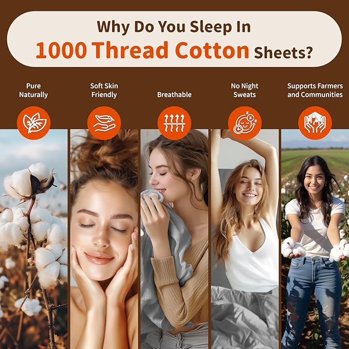 LBRO2M 100% Cotton Sheets Set Deep Pocket 24", 1000 Thread Count California King Size 4 Piece Bed Sheet Sets Soft Comfortable Bedding All Season (California King, Gray)