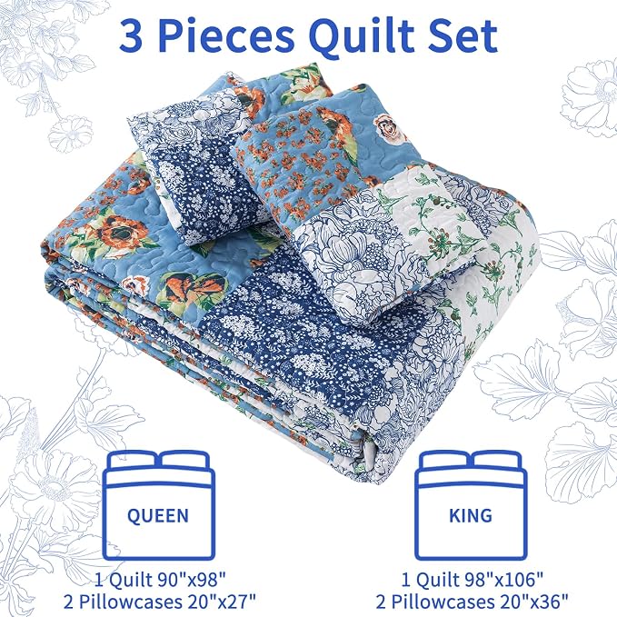 VAPUTAR Farmhouse King Size Quilt Set, Reversible Floral Bedspreads | - Image 6