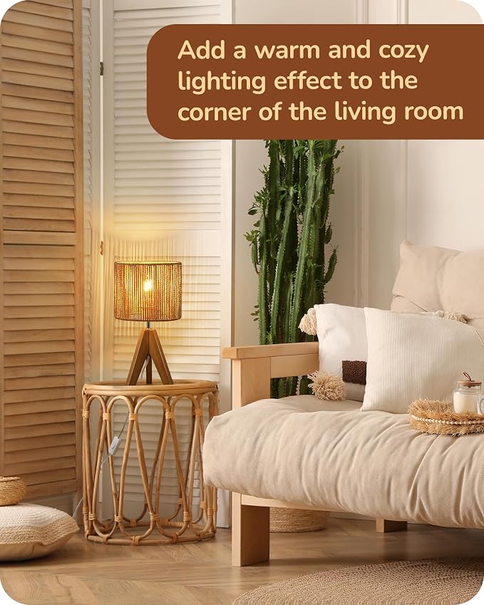 EDISHINE Small Rattan Table Lamp, Wood Tripod Bedside Lamp, E26 Base | Natural - Image 7