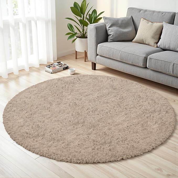 Beige Round Fluffy Rug 5ft Plush Fuzzy Shaggy Carpet | Soft Rugs - Image 2