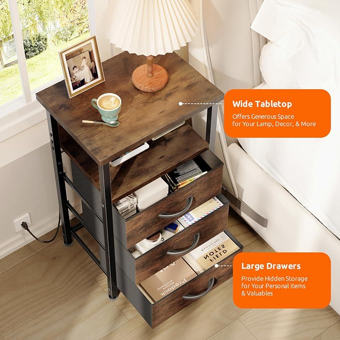 Lazzanto Night Stand with Charger Station, 3 Fabric Drawers, Bedside Table - Image 6