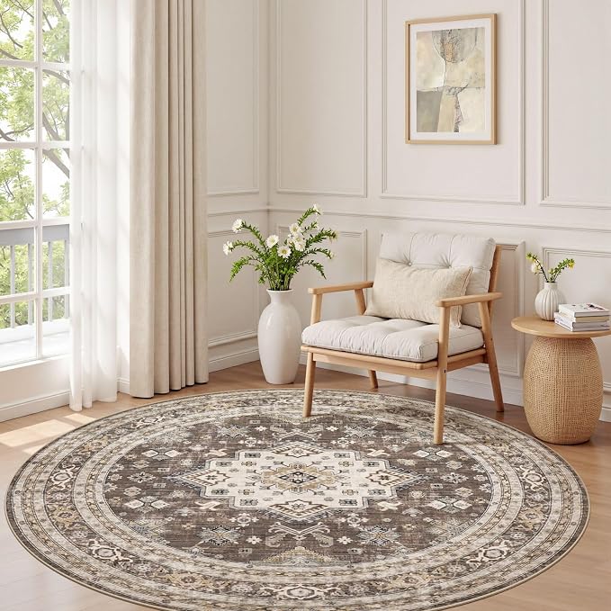 cotiled 5ft Round Living Room Area Rug, Traditional, Dark Brown | Soft - Image 3
