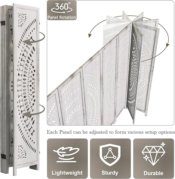 WelFurGeer Handcrafted Carved Wooden Room Divider Screen, Folding Privacy Screen - Image 6