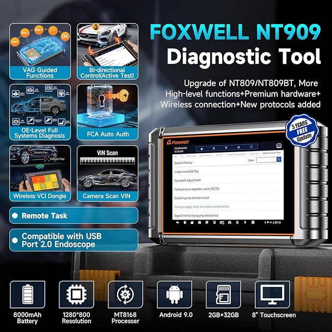 2026 Foxwell NT909 OBD2 Scanner Diagnostic Tool, All System Bidirectional Scanner Code Reader 30+ Resets, ECU Coding, CAN FD/DOIP, V.A.G Guide, 3 Yrs Free Update, Upgrade of NT726 NT809BT