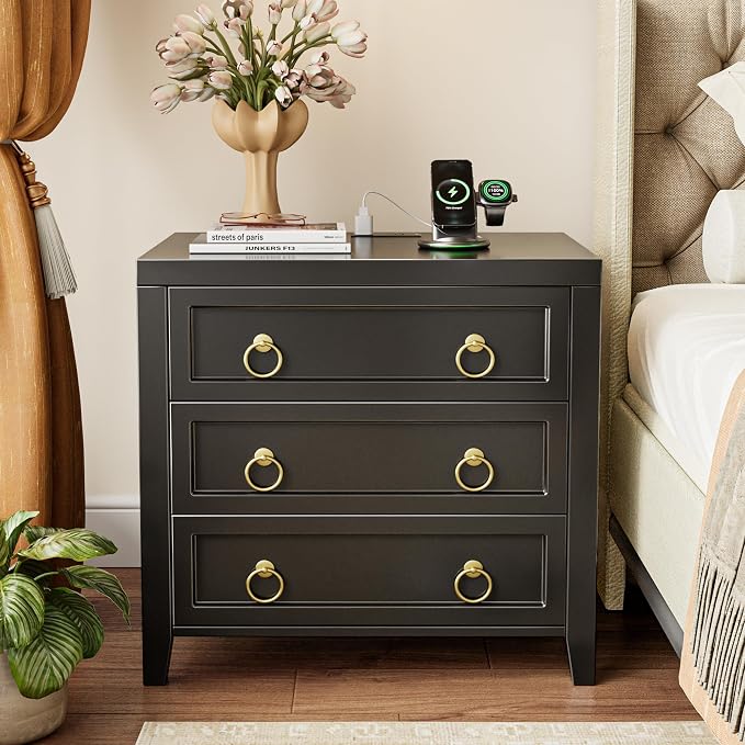Huuger Paint Night Stand with Charger Station, 3 Drawer Nightstand Set of 2 | - Image 3