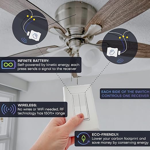RunLessWire 3-Way Fan & Light Battery-Free DIY Kinetic Wireless Light Switch Kit for Bathrooms & Ceiling Fans: 2 Dual Remote Switches, Both Control 2 5A On/Off Receivers Separately – Black