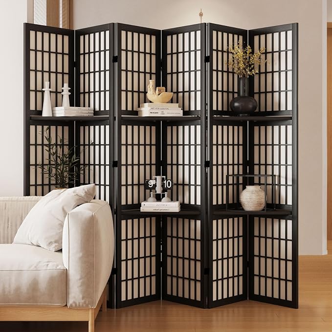 Room Divider with Shelves, 66.9-Inch Tall Japanese Shoji Style Wood Screen with by Svimi