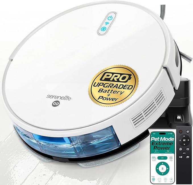 SereneLife Automatic Robot Vacuum Cleaner and Mop Combo, Pro Edition with Upgraded Battery, Extreme Suction, Internal Water Tank - Smart App Control, Ideal for Pet Hair, Carpet and Hard Floors, White