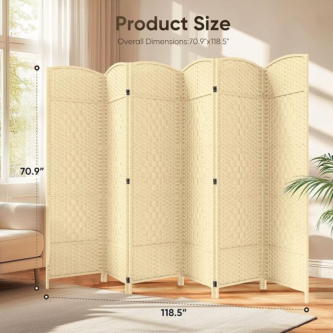 Rattan Room Divider, 6-Panel Folding Privacy Screen 6ft. Extra Wide | Double - Image 2