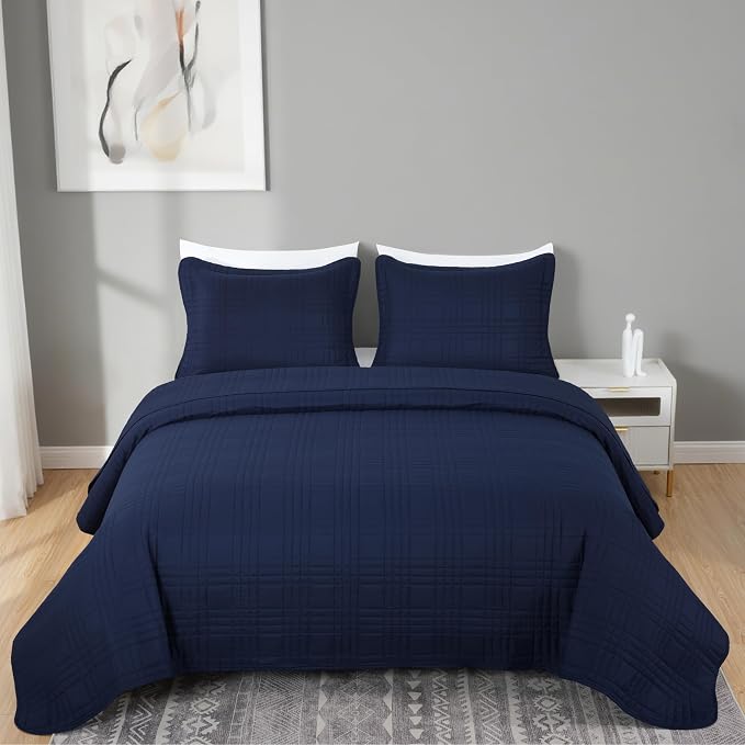 Chezmoi Collection Kingston Queen Size Bedspread Set, 3-Piece Navy Oversized - Image 3