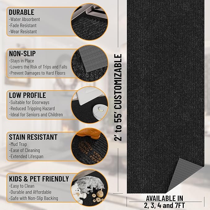 Ottomanson Mud Mat 2' x 4' Entryway Rug - Non-Slip Scraper Doormat for Muddy Paws, Dirt Trapping Indoor/Outdoor Mat for High-Traffic Areas, Kitchen, Garage, Patio, Black