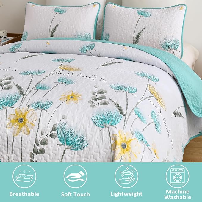 Dinjoy Aqua Quilt Set King, 3 Pieces Boho Floral Bedspreads, Fall Bedding | - Image 3