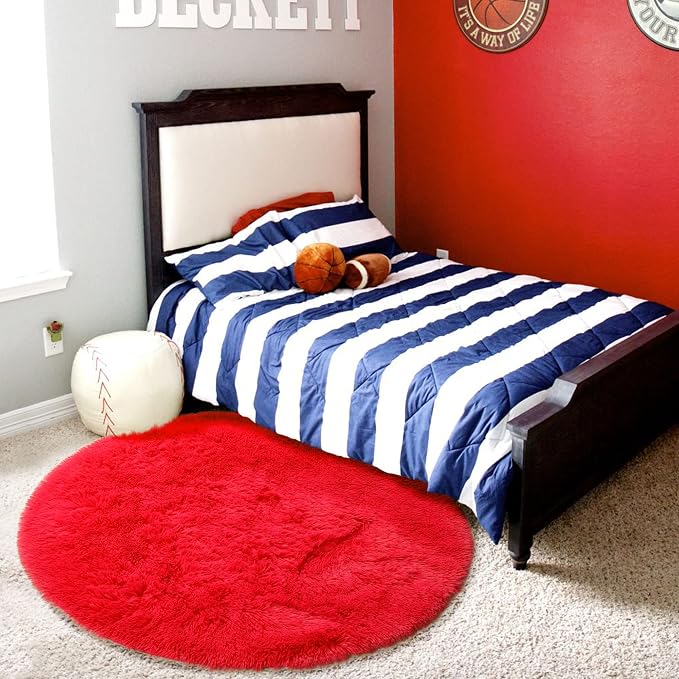 Amdrebio Red Furry Round Circle Area Rug 4Ft - Image 5