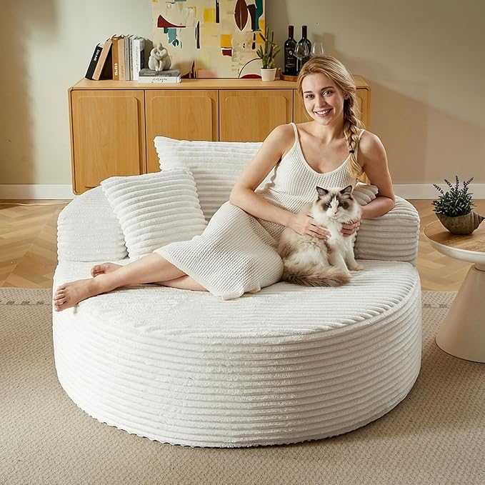 55'' Oversized Round Chair Lounge Chaise Indoor, Cloud Corduroy Upholstered - Image 3