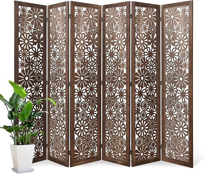 Folding Wood Room Divider Panel, 5.6 FT Tall Daisy-Carved Privacy Screen by Svimi