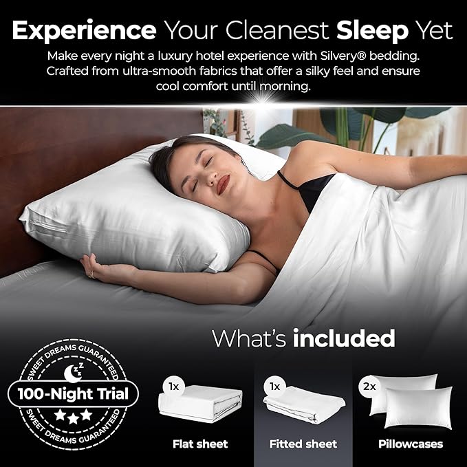 Silvery Silver Infused Bed Sheets Set - Award-Winning Self-Cooling Fabric with Self-Cleaning Silvery Technology™ That Stays Fresh 3X Longer for Hygienic Sleep (White, King)