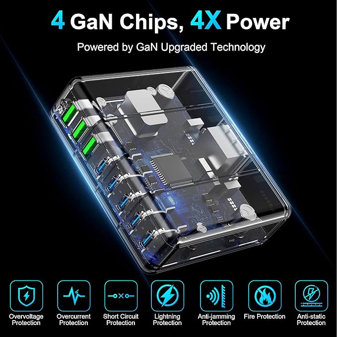 USB C Charger Block, 525W 8-Port GaN Fast Charging Station Hub with 100W Cable, Dual PD 100W Multi-Device USB C Wall Charger Adapter for iPhone 17 16 15, MacBook, Laptop, iPad, Samsung Galaxy and More