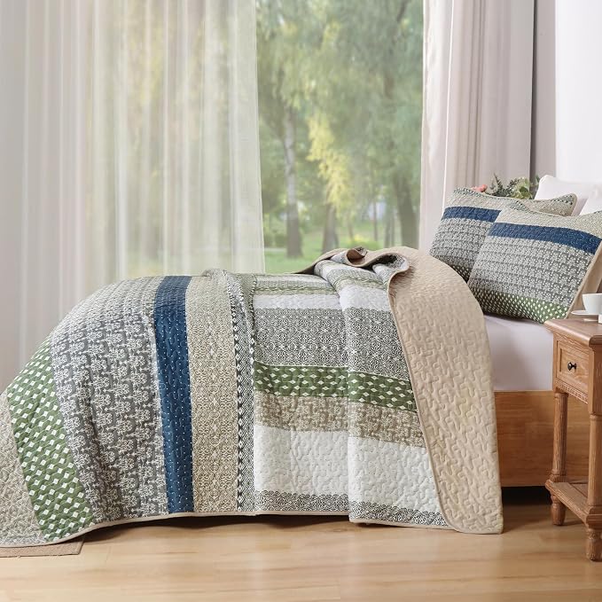 WONGS BEDDING Queen Quilt Set Khaki Green, 3 Pieces Striped Bedspread | Ultra - Image 3