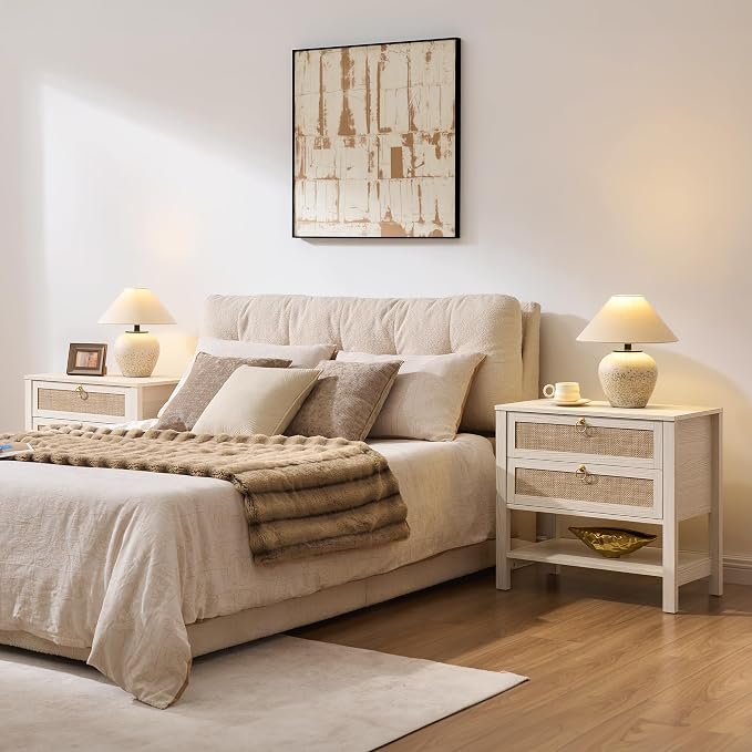 SICOTAS White Rattan Nightstand, Wide Bedside Table - Image 3