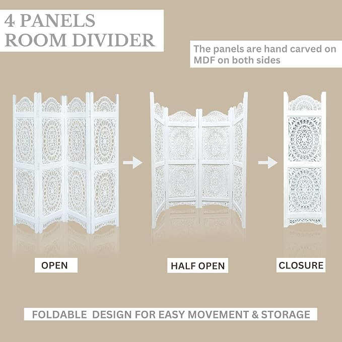Lightnpro 4-Panel Wooden Room Divider 48 × 64 Inch Antique White Finish - Image 4
