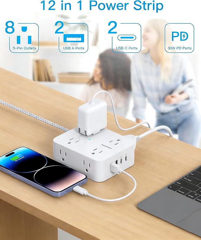 PD30W USB C Power Strip Surge Protector 15Ft, 1080J Desk Charging Station | 8 - Image 2