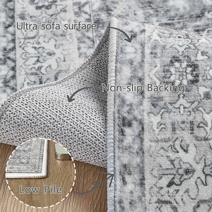 Latte&Fog 6x9 Area Rugs for Living Room Washable Vintage Grey Rugs Large | for - Image 9