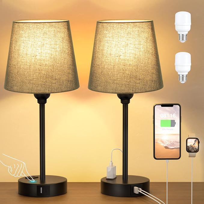 Black Bedside Lamps Set 2 for Bedroom by Acaxin