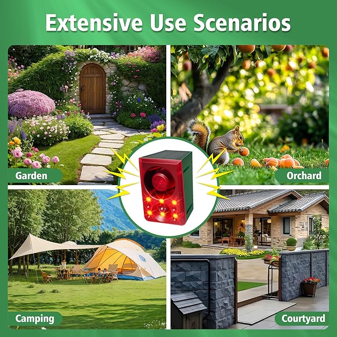 ChunHee Solar Outdoor Motion Sensor Alarm with Dog Barking Gunshot Sound, Support Recording and Adjustable Volume, 130db Loud Noise Maker 3 Work Modes Strobe Light for Home, Villa, Farm, Barn (6pack)
