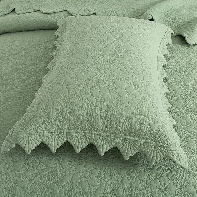 Brandream Premium Sage Green Cotton Quilt Set Queen Size Floral Vine Stitching - Image 6