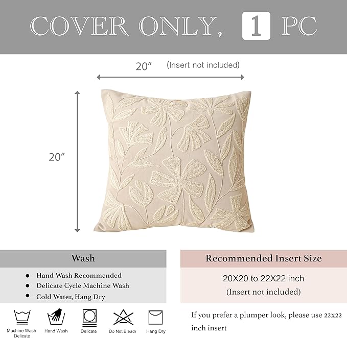BlissBlush Light Beige Velvet Decorative Throw Pillow Cover 20X20, Neutral Floral Tufted Soft Farmhouse Textured Pillowcase, Accent Pillowcase for Couch Sofa Bed Living Room