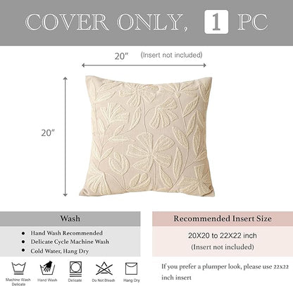 BlissBlush Light Beige Velvet Decorative Throw Pillow Cover 20X20, Neutral Floral Tufted Soft Farmhouse Textured Pillowcase, Accent Pillowcase for Couch Sofa Bed Living Room
