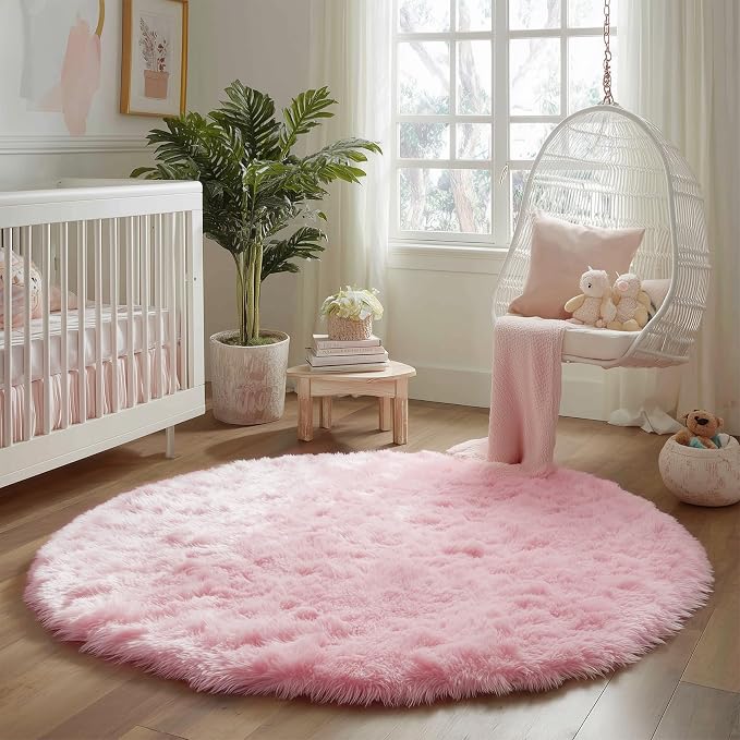 Amdrebio Pink Shaggy Round Circle Area Rug 5Ft - Image 8
