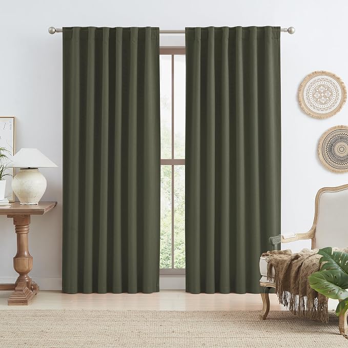 Dark Olive Green Blackout Curtains 90 Inches Long 2 Panels Set- Faux Linen by KEQIAOSUOCAI
