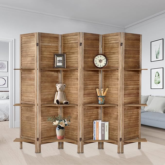 Room Divider with Shelves, 6 Panel Brown Privacy Screen | Partition Room - Image 4