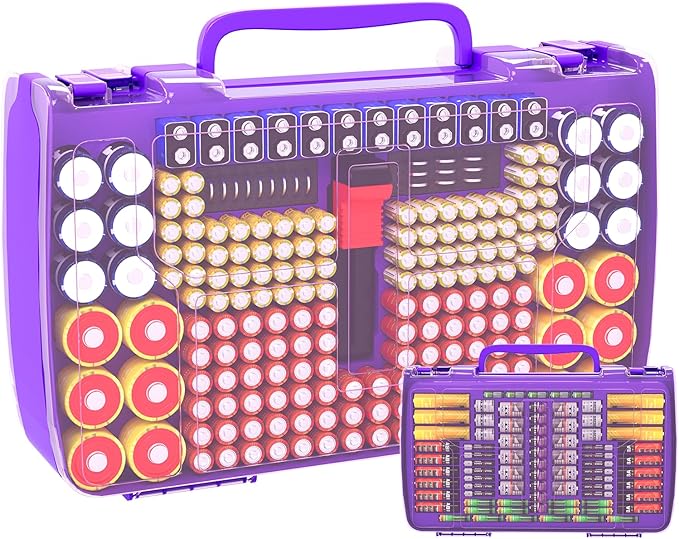 Aptbyte Battery Organizer Storage Holder Box Case with Tester- 269 Batteries Double-Sided Variety Pack, Holds AA AAA 4A C D Cell 9V 3V Lithium LR44 CR2 CR123 CR1632 18650 Button- Purple (Box Only)