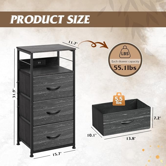 WLIVE Nightstand with Charging Station, 31.9" H Nightstand with 3 Fabric Drawers - Image 3