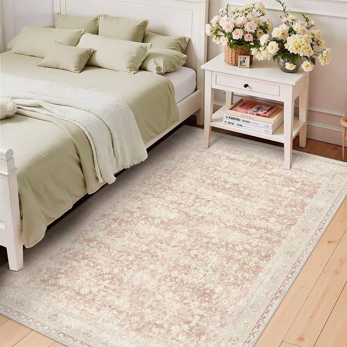 Latte&Fog Pink Rugs for Girls Bedroom, Vintage Washable 4x6 Area Rug | for - Image 4