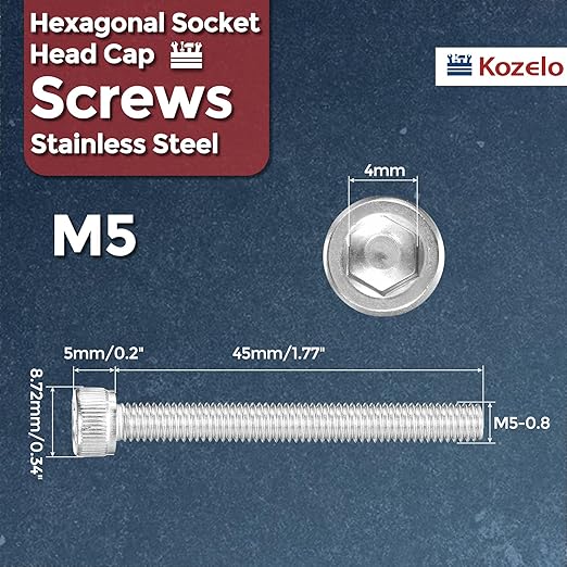 Kozelo 15pcs Socket Head Cap Screws - [M5-0.8 x 45mm] 304 Stainless Steel Allen Socket Drive for Electrical Motor 3D Printing Fan Engine Replacement Use, Silver